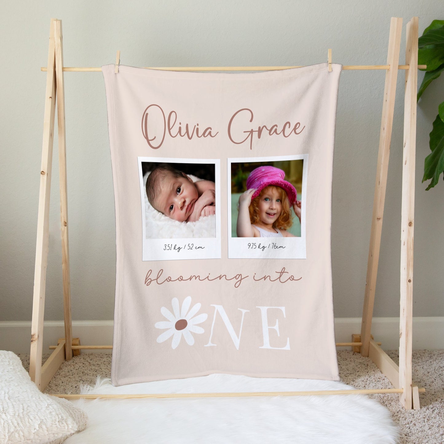 Personalised 1st Birthday Baby Girl Daisy Blanket with Photos