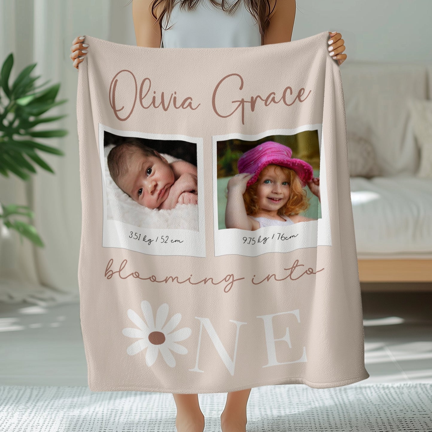 Personalised 1st Birthday Baby Girl Daisy Blanket with Photos
