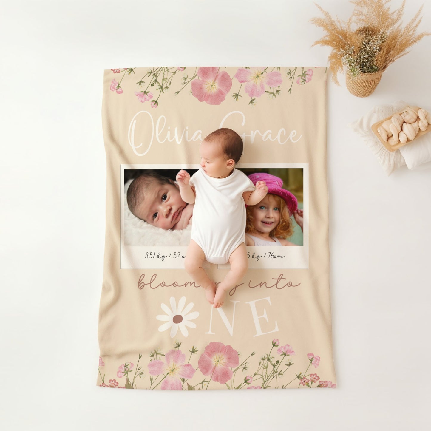 Personalised 1st Birthday Baby Girl Floral Blanket with Photos