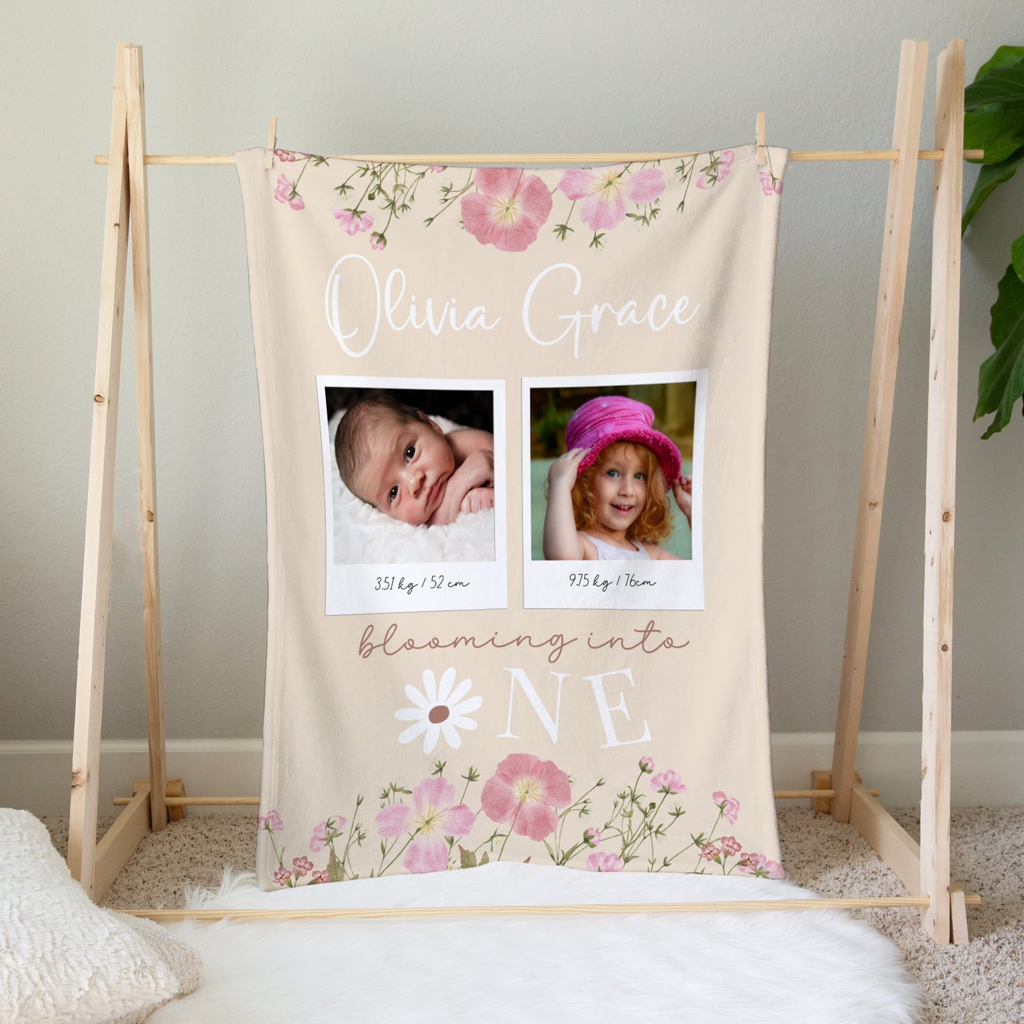 Personalised 1st Birthday Baby Girl Floral Blanket with Photos