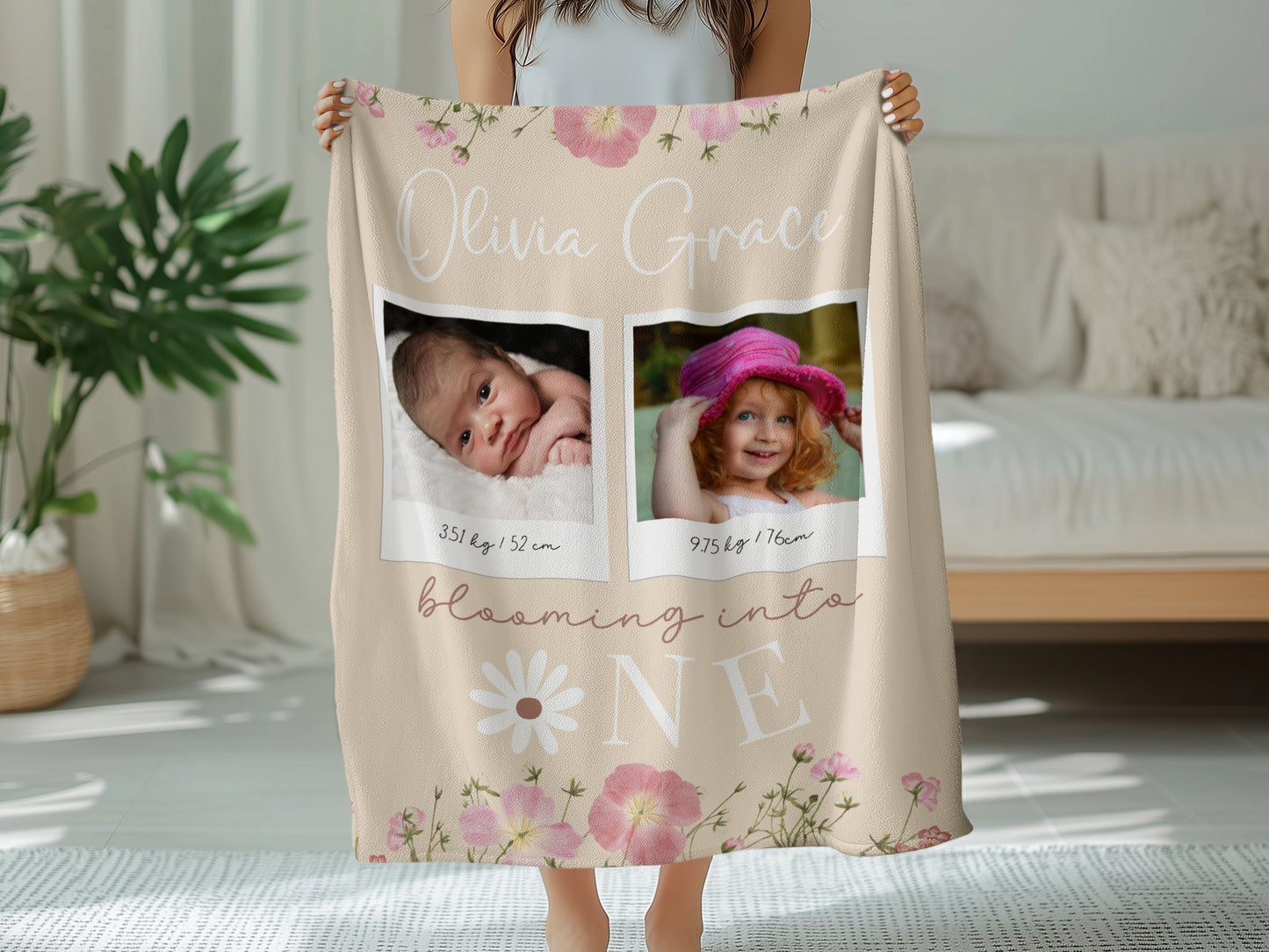 Personalised 1st Birthday Baby Girl Floral Blanket with Photos