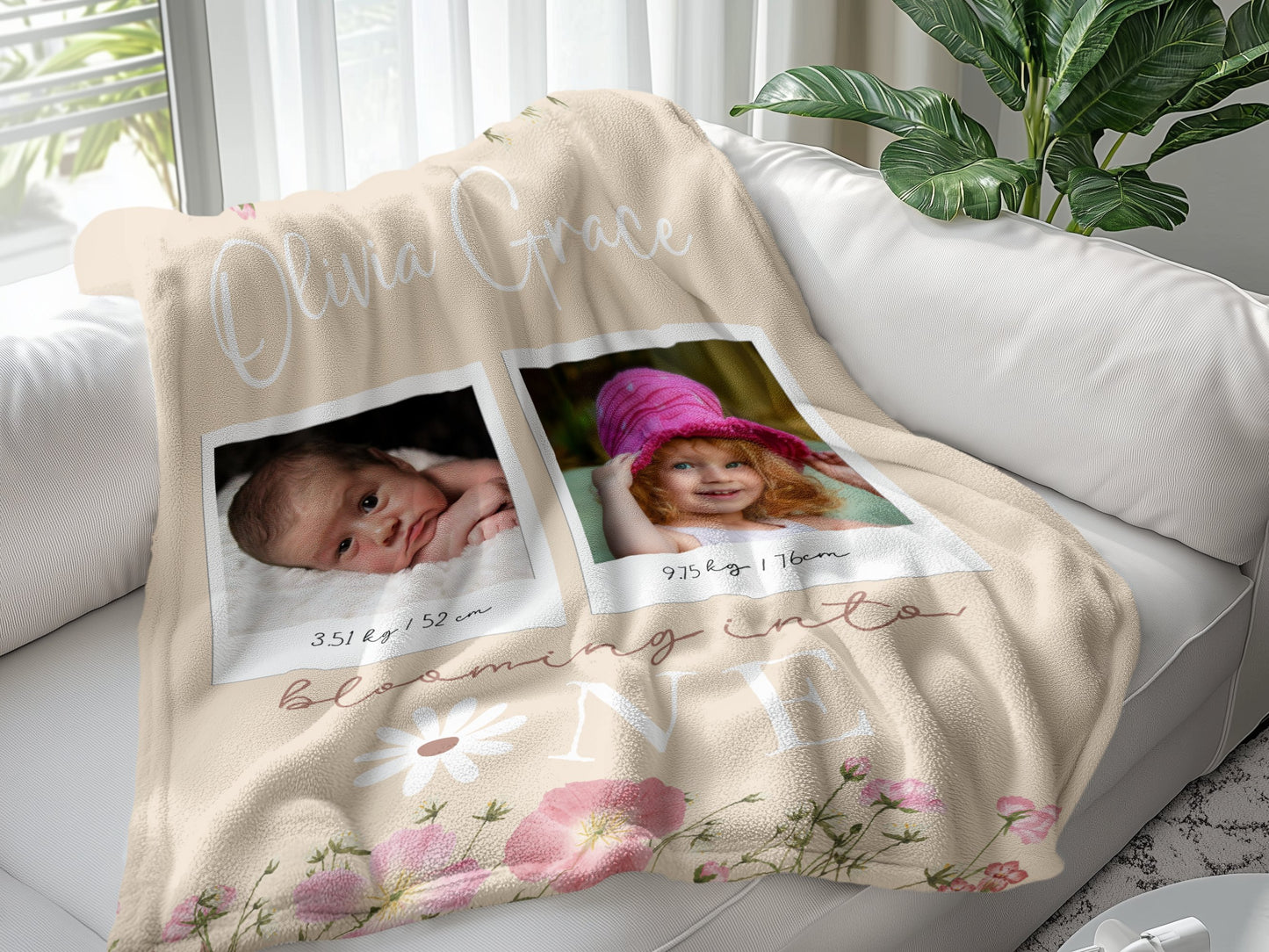 Personalised 1st Birthday Baby Girl Floral Blanket with Photos