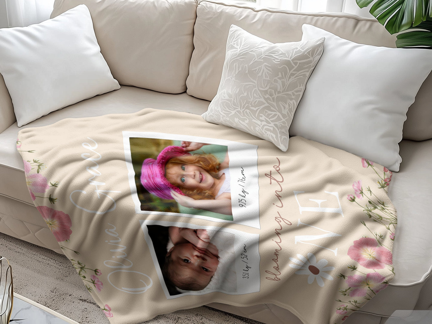 Personalised 1st Birthday Baby Girl Floral Blanket with Photos