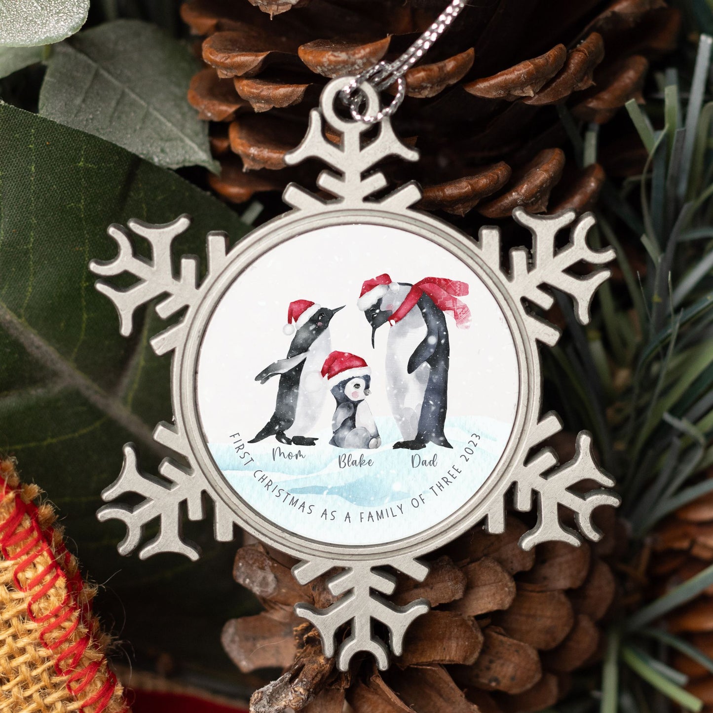 Personalised Pewter Snowflake Ornament | Penguin Family of 3