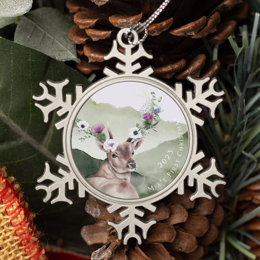 Personalised Pewter Snowflake Ornament | Floral Deer Stag