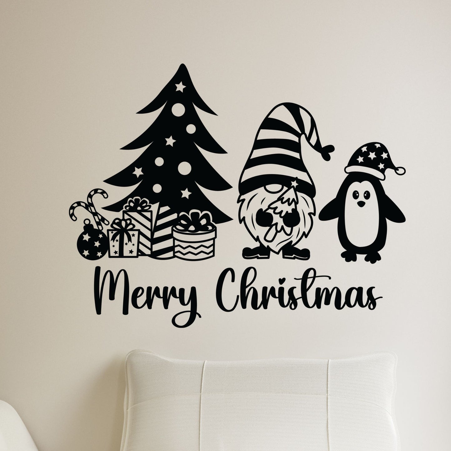 Merry Christmas Tree Gnome Penguin Wall Decal
