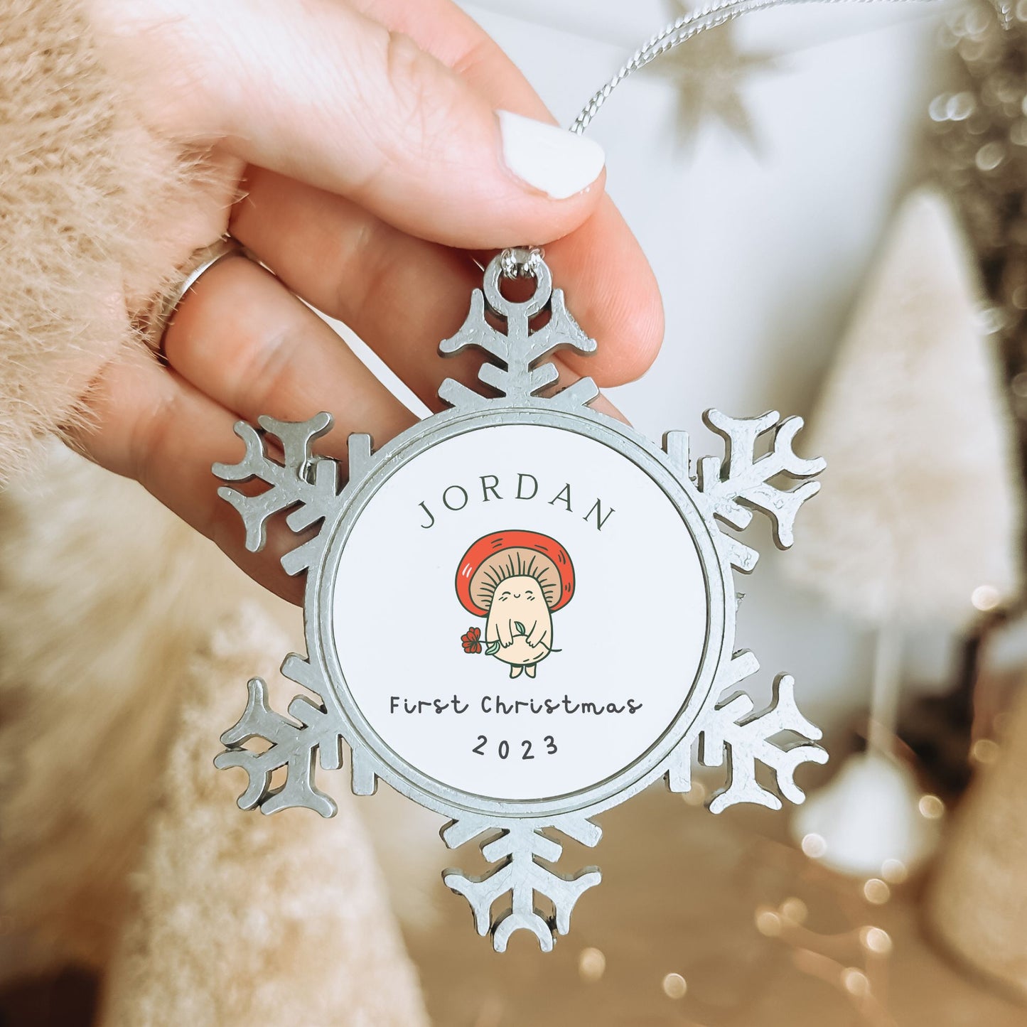 Personalised Pewter Snowflake Ornament | Cute Mushroom