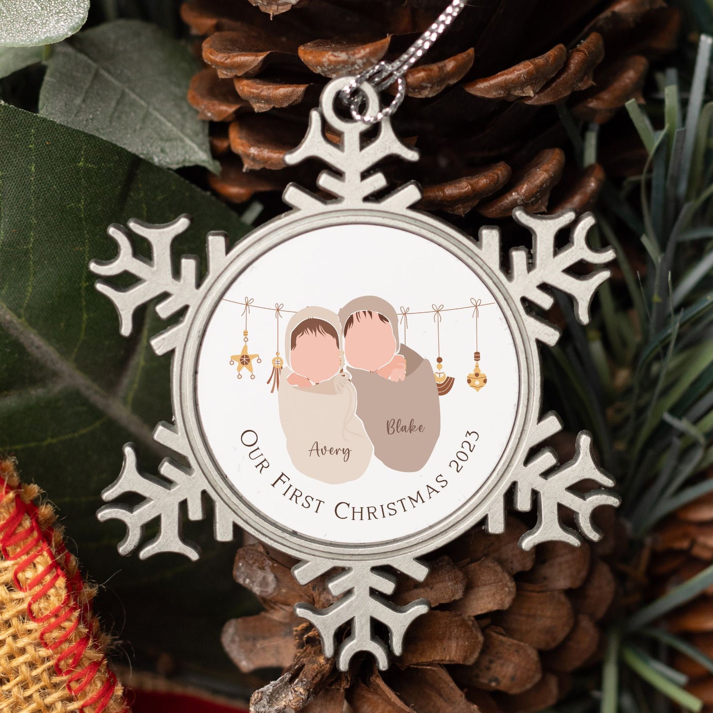 Personalised Pewter Snowflake Ornament | Baby Twins First Christmas