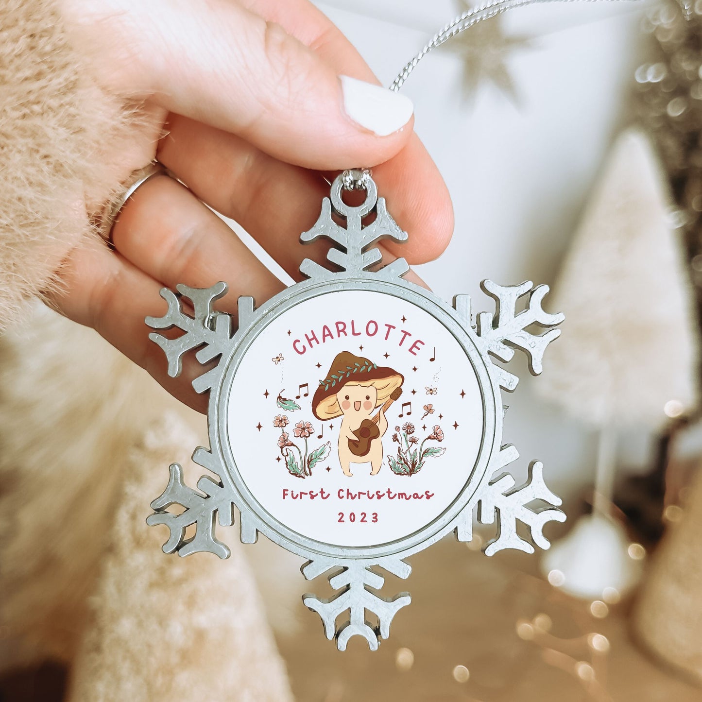 Personalised Pewter Snowflake Ornament | Mushroom Fairy