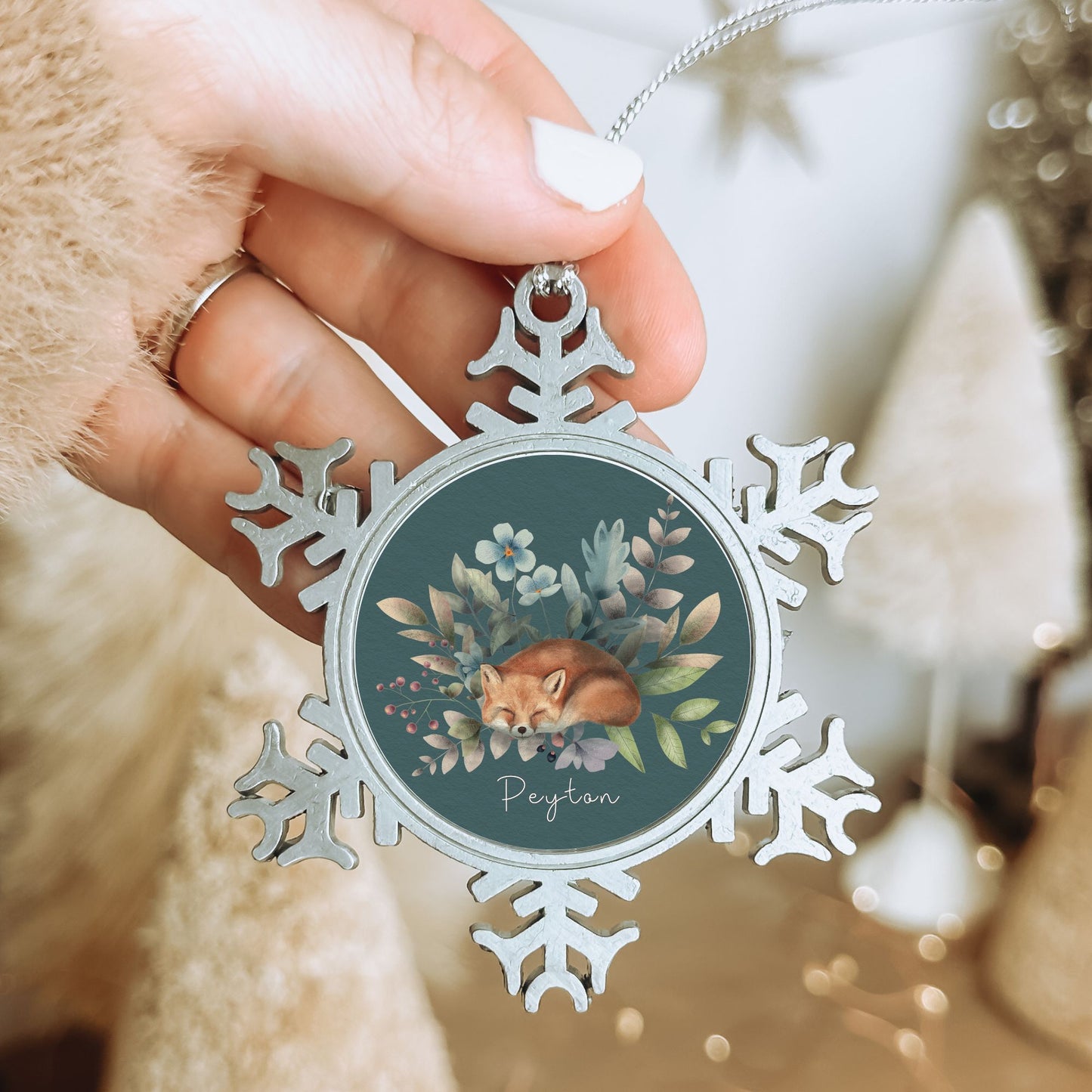 Personalised Pewter Snowflake Ornament | Woodland Fox