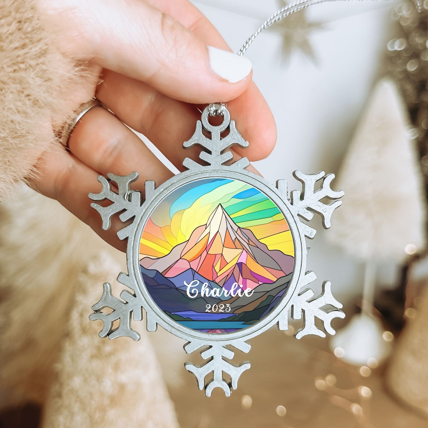 Personalised Pewter Snowflake Ornament | Geometric Mountain