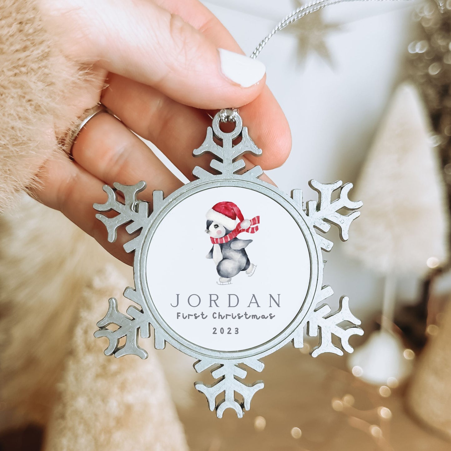 Personalised Pewter Snowflake Ornament | Ice-skating Penguin