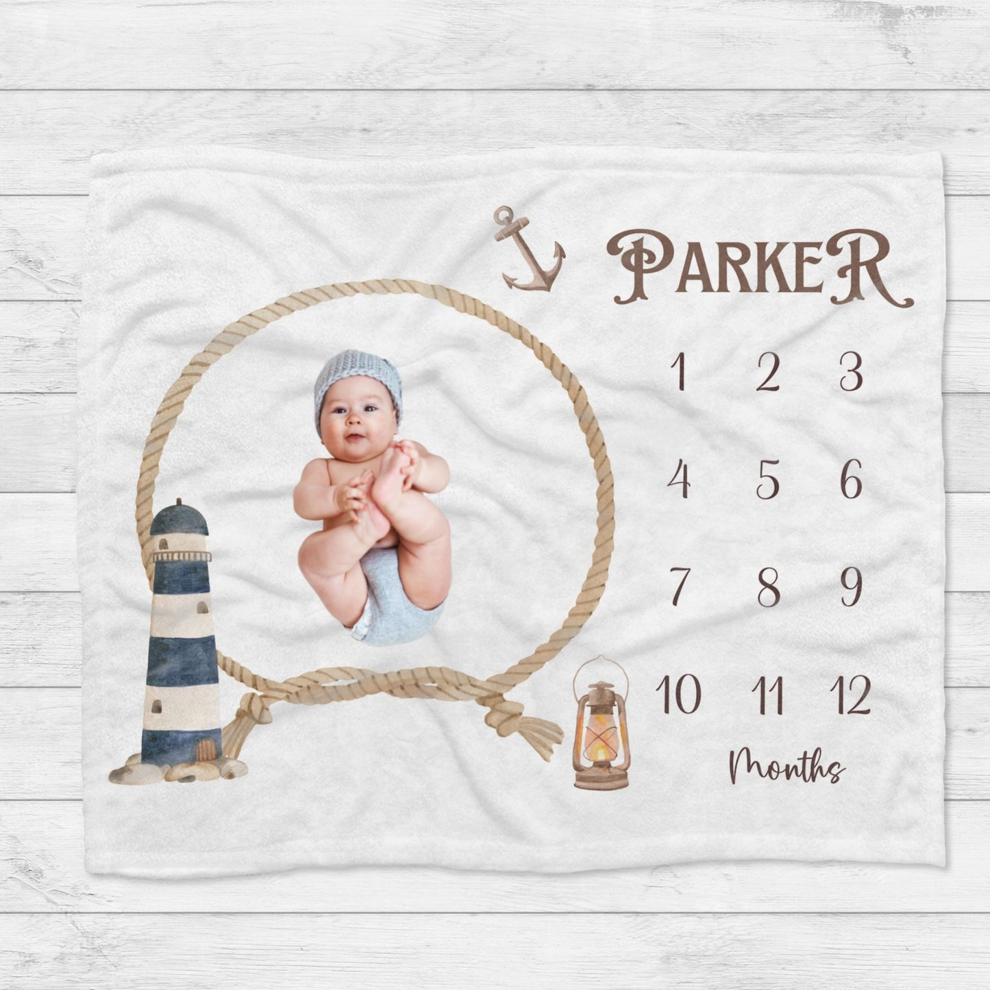 Personalised Nautical Rope Lighthouse Baby Millstone Blanket