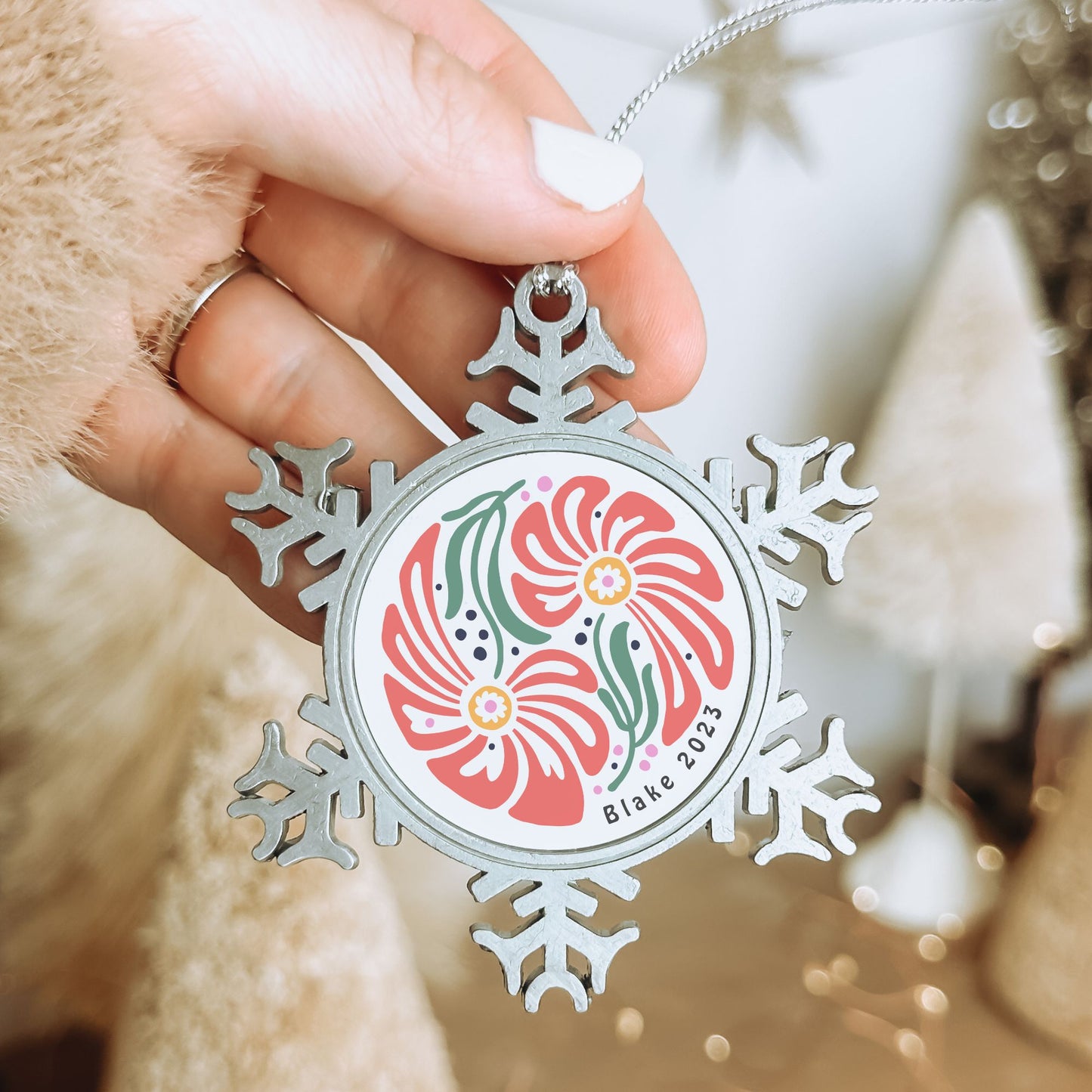 Personalised Pewter Snowflake Ornament | Retro Flowers