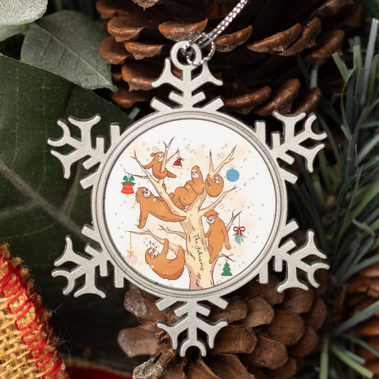 Personalised Pewter Snowflake Ornament | Funny Sloth Family