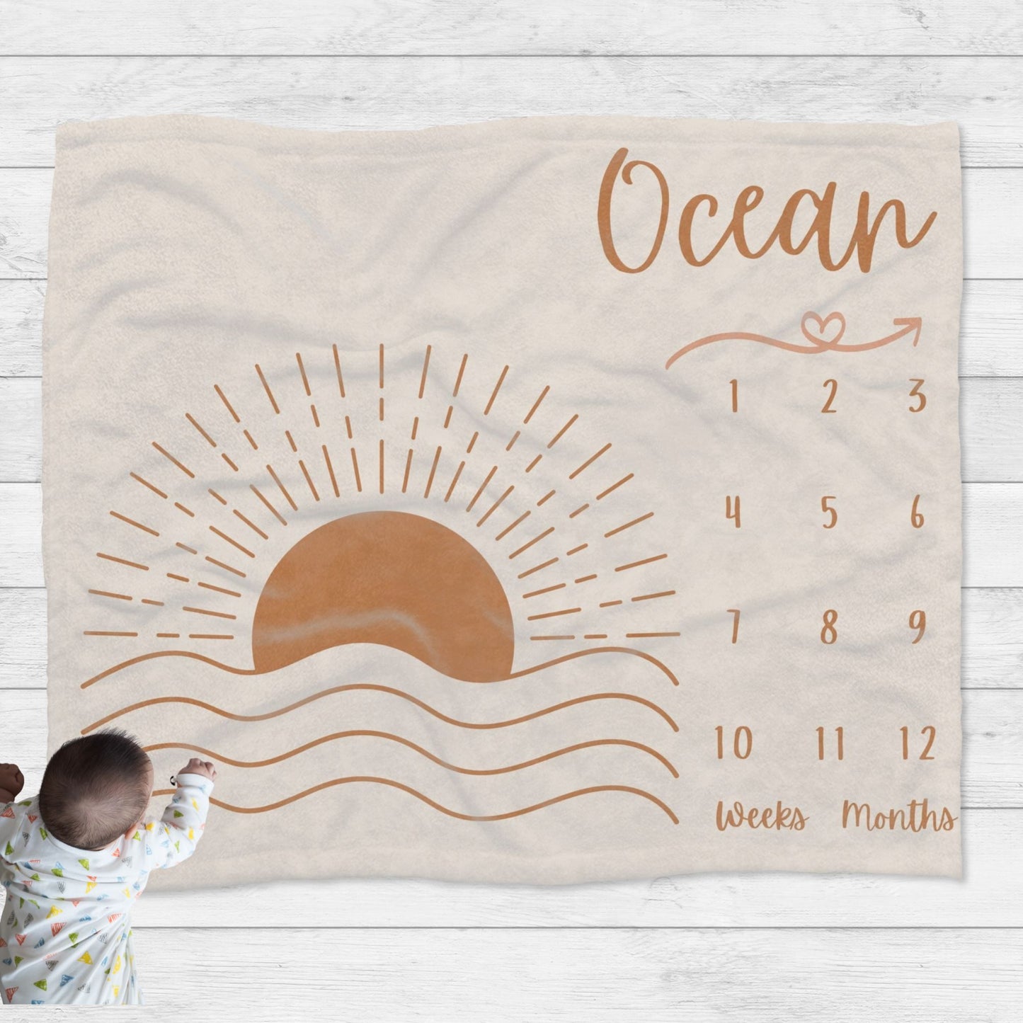 Personalised Boho Ocean Sun Rise Baby Milestone Blanket