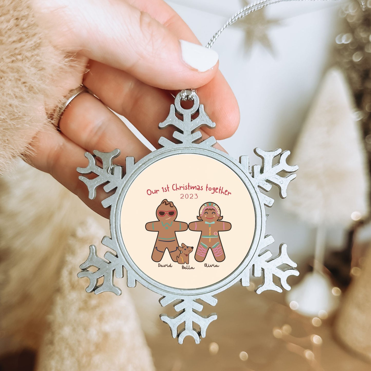 Personalised Pewter Snowflake Ornament | Gingerbread Men Couple with Dog