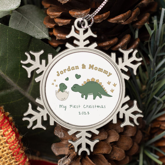 Personalised Pewter Snowflake Ornament | Mum and Baby Dinosaur Stegosaurus