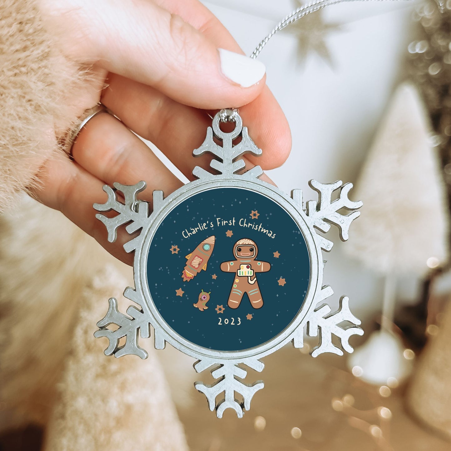 Personalised Pewter Snowflake Ornament | Gingerbread Astronaut