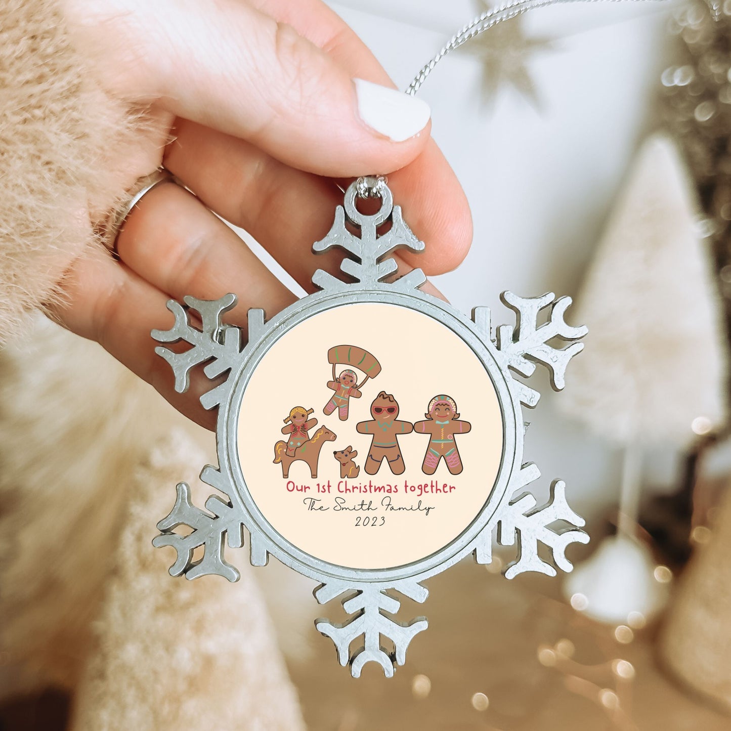 Personalised Pewter Snowflake Ornament | Gingerbread Family of 4 with Dog