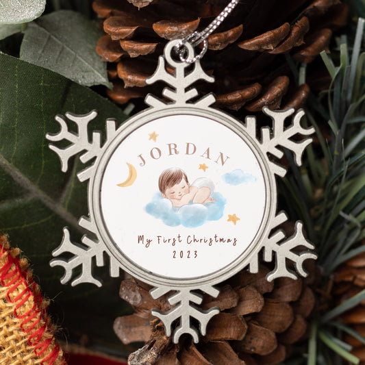 Personalised Pewter Snowflake Ornament | Sleeping Baby