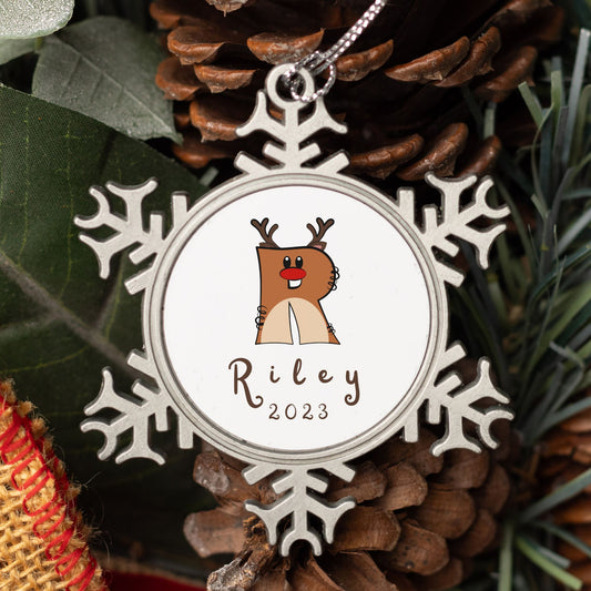 Personalised Pewter Snowflake Ornament | Christmas Deer Letter & Name