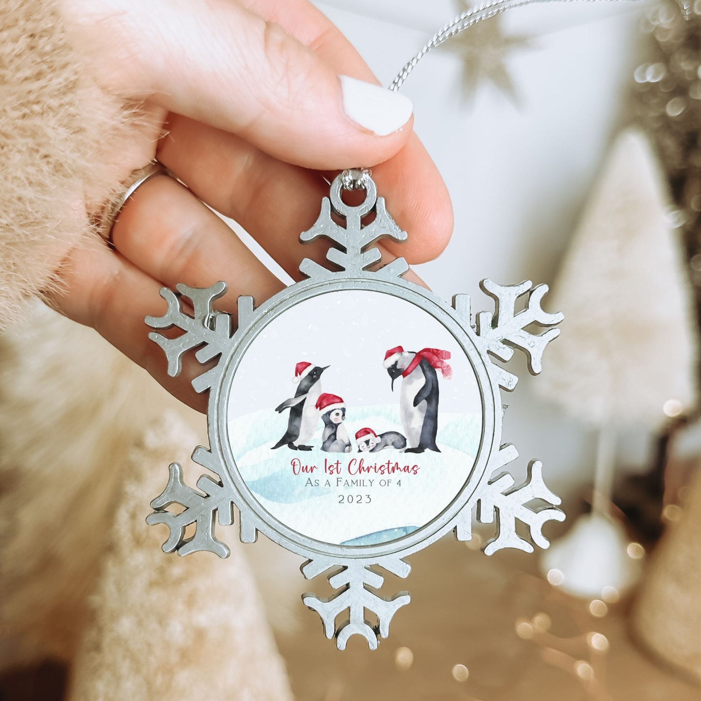 Personalised Pewter Snowflake Ornament | Penguin Family of 4