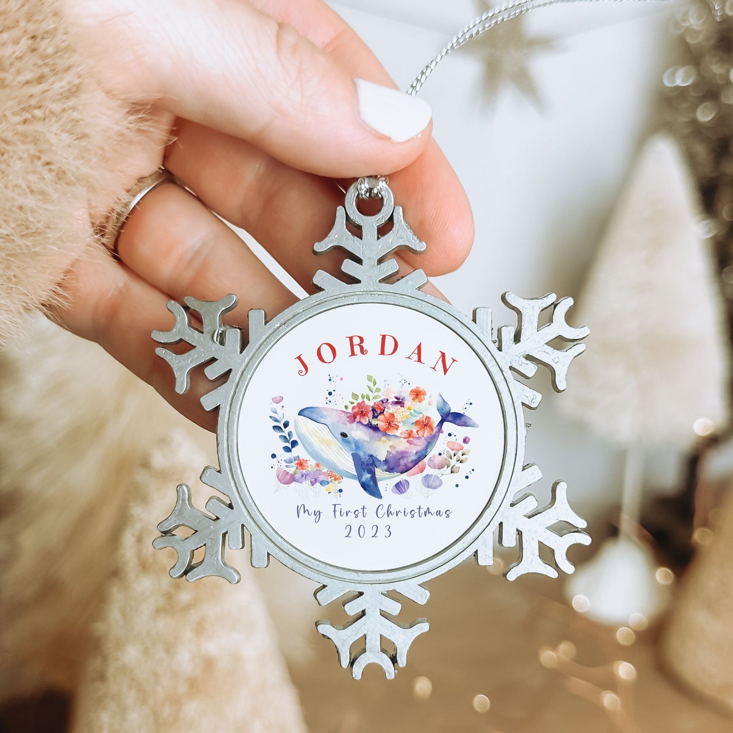 Personalized Pewter Snowflake Ornament | Floral Whale