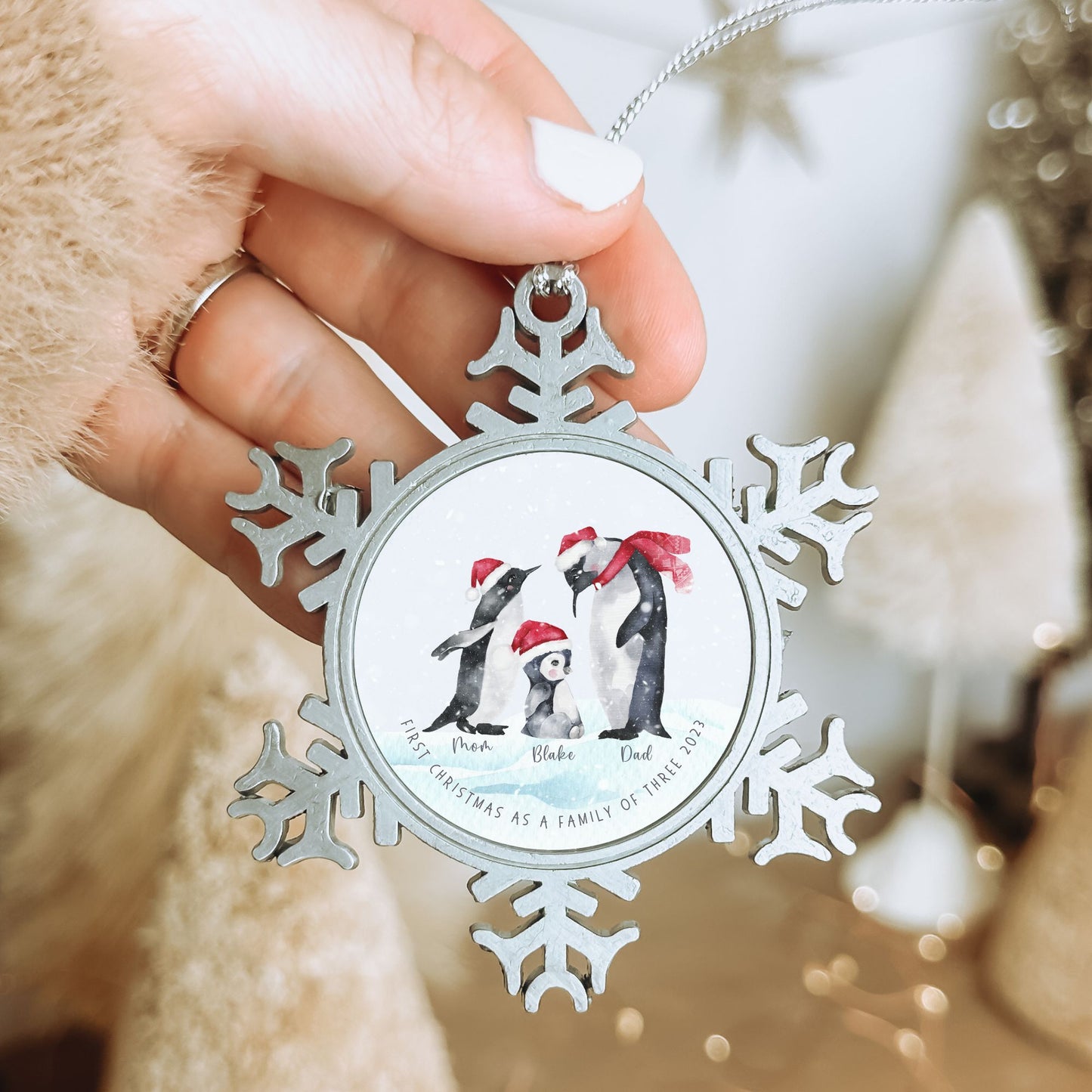 Personalised Pewter Snowflake Ornament | Penguin Family of 3