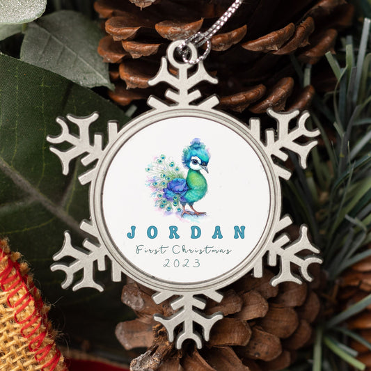 Personalised Pewter Snowflake Ornament | Baby Peacock