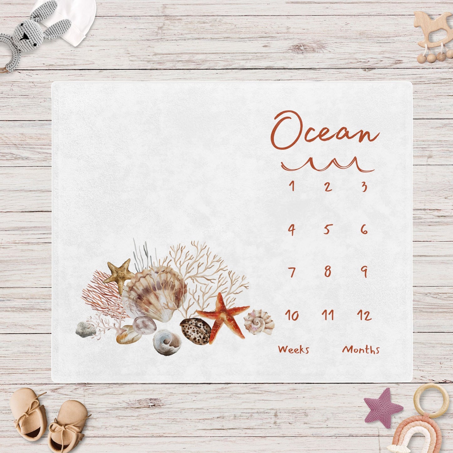 Personalised Coral Seashell Starfish Baby Milestone Blanket