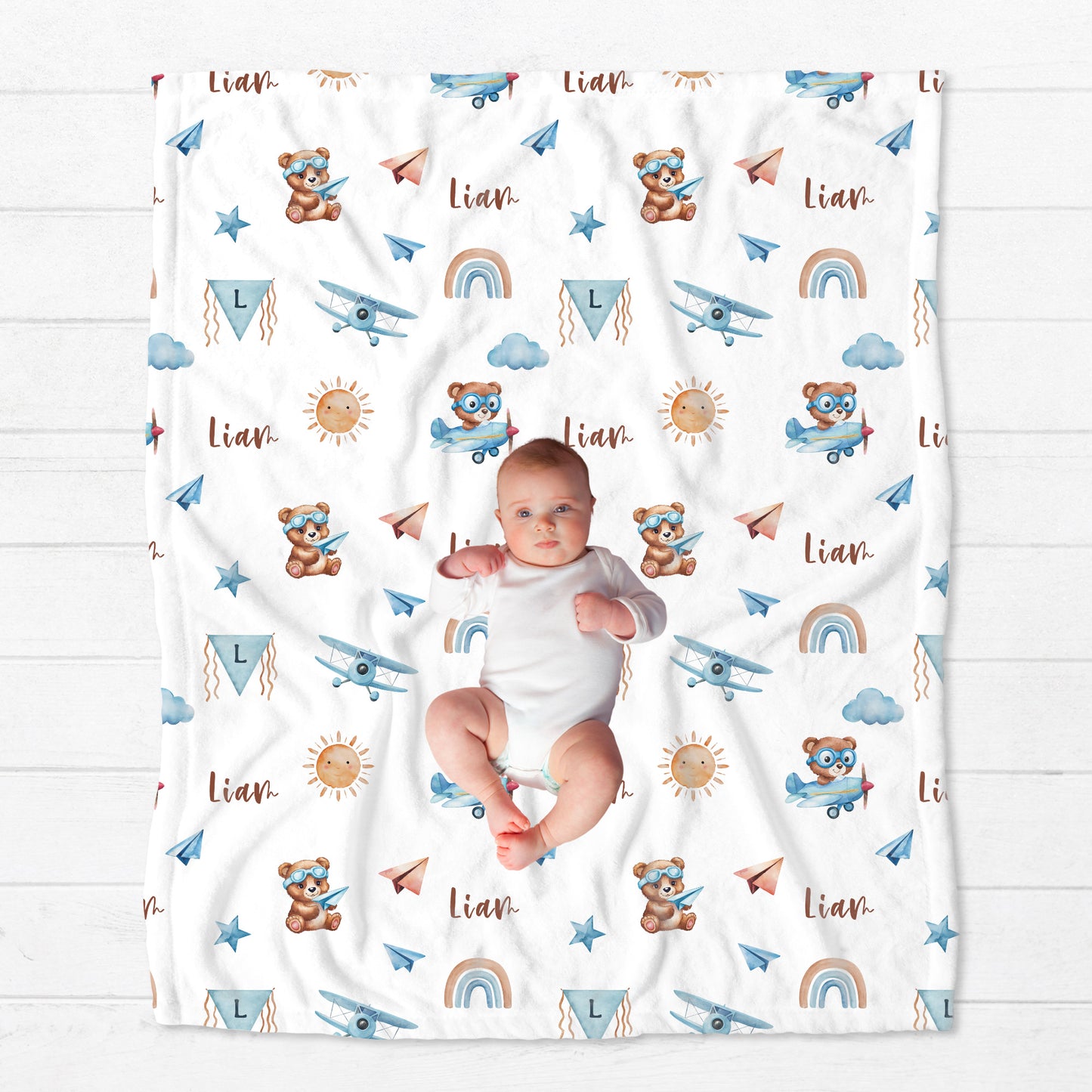 Personalised Bear Airplane Baby Blanket