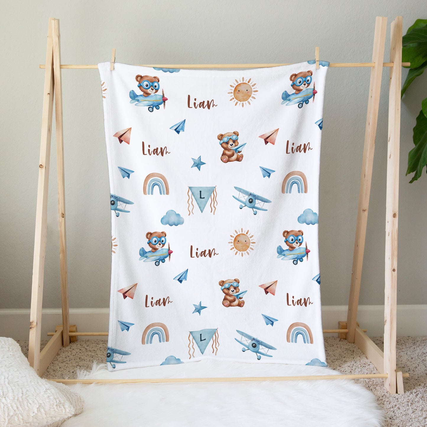 Personalised Bear Airplane Baby Blanket