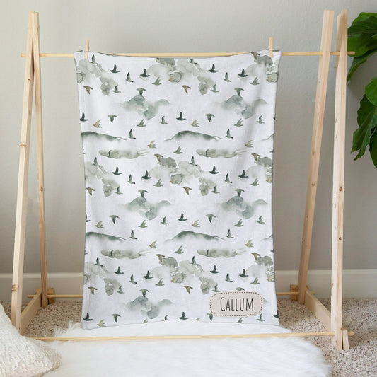 Personalised Birds Flying Over Mountain Baby Blanket