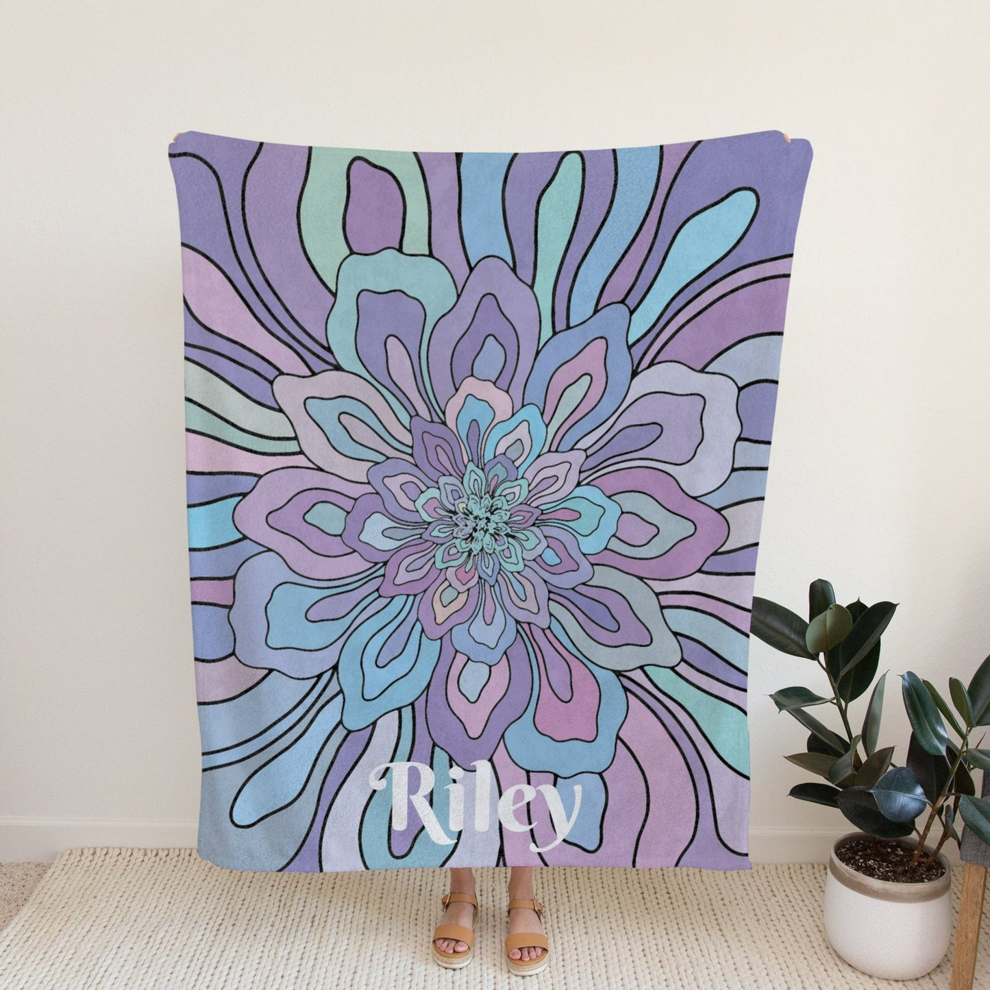 Personalised Blue Purple Flower Blanket