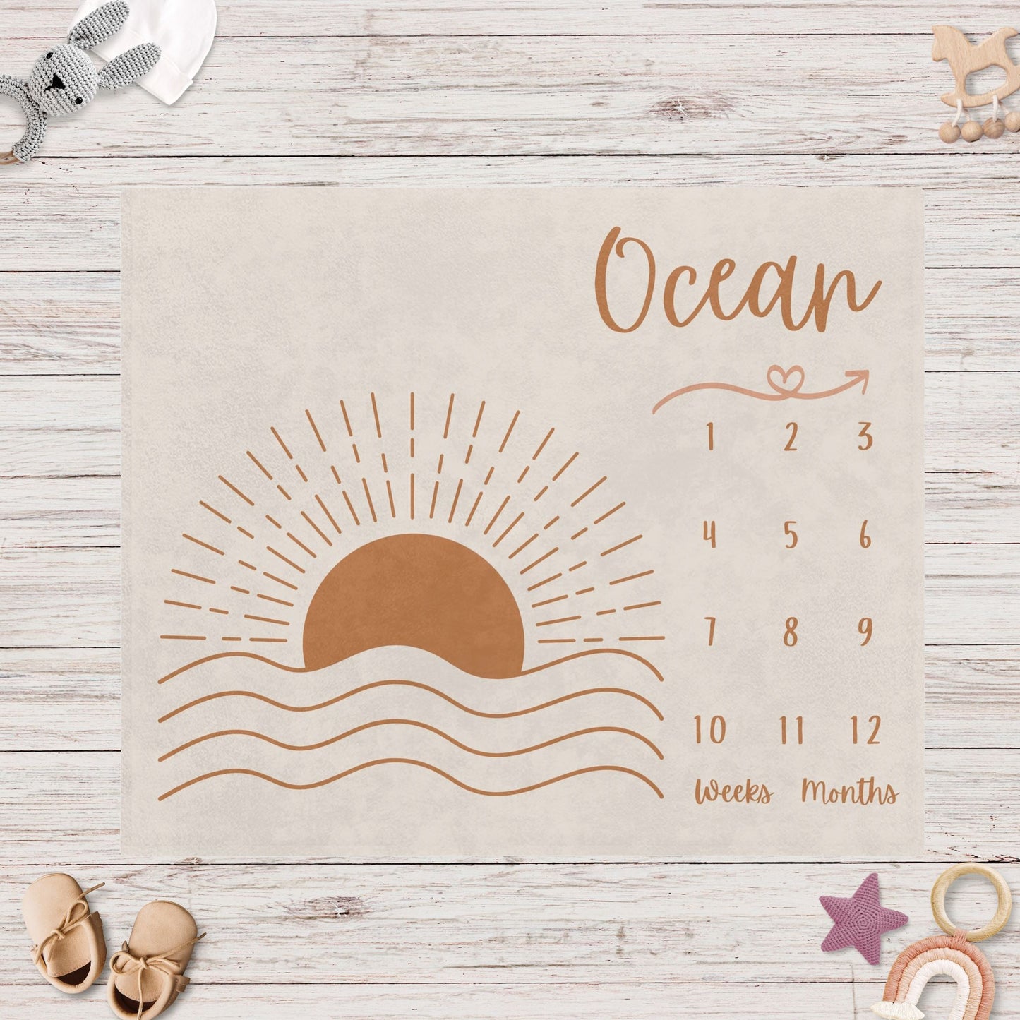 Personalised Boho Ocean Sun Rise Baby Milestone Blanket