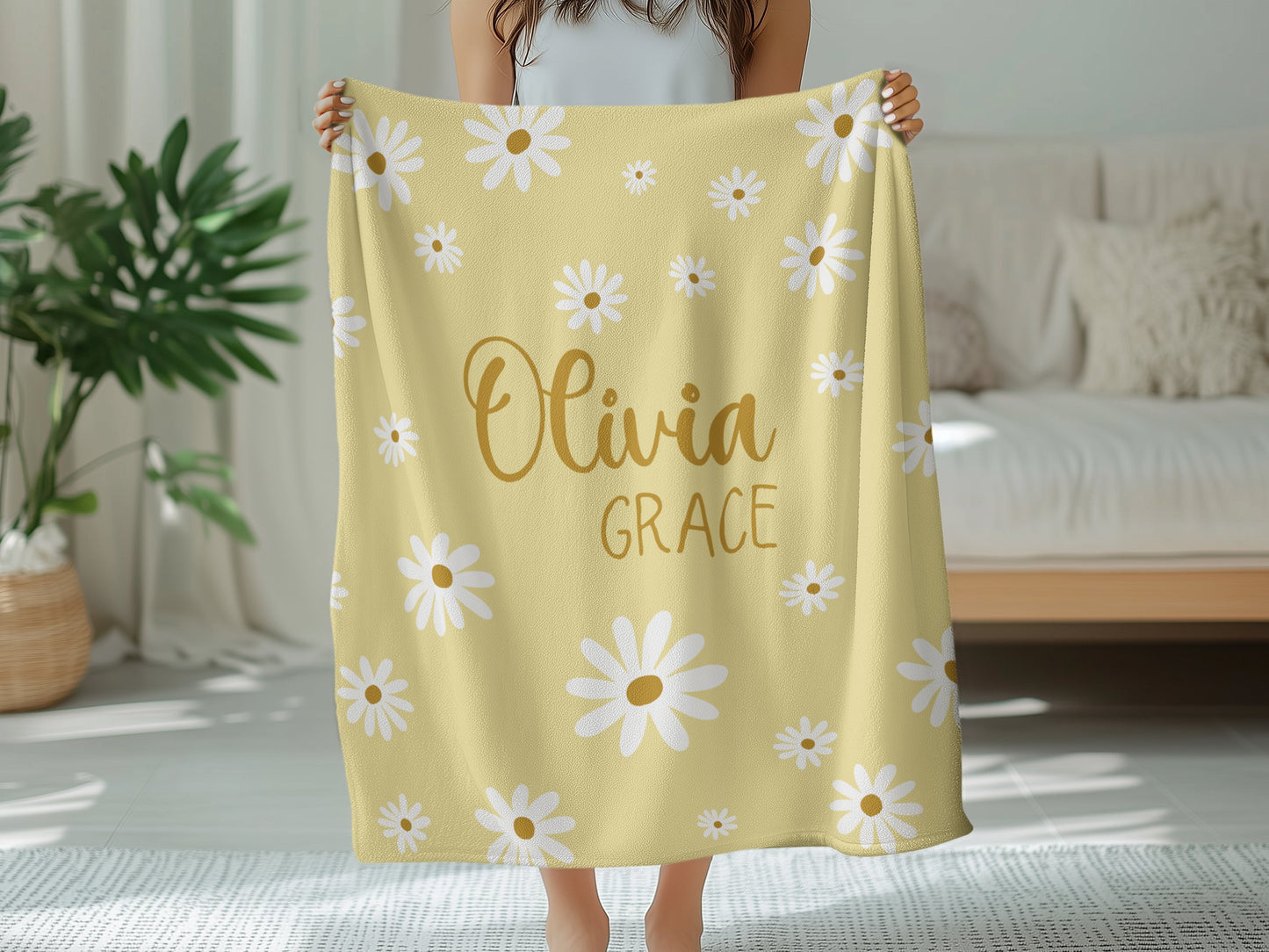 Personalised Cream Yellow Daisy Blanket