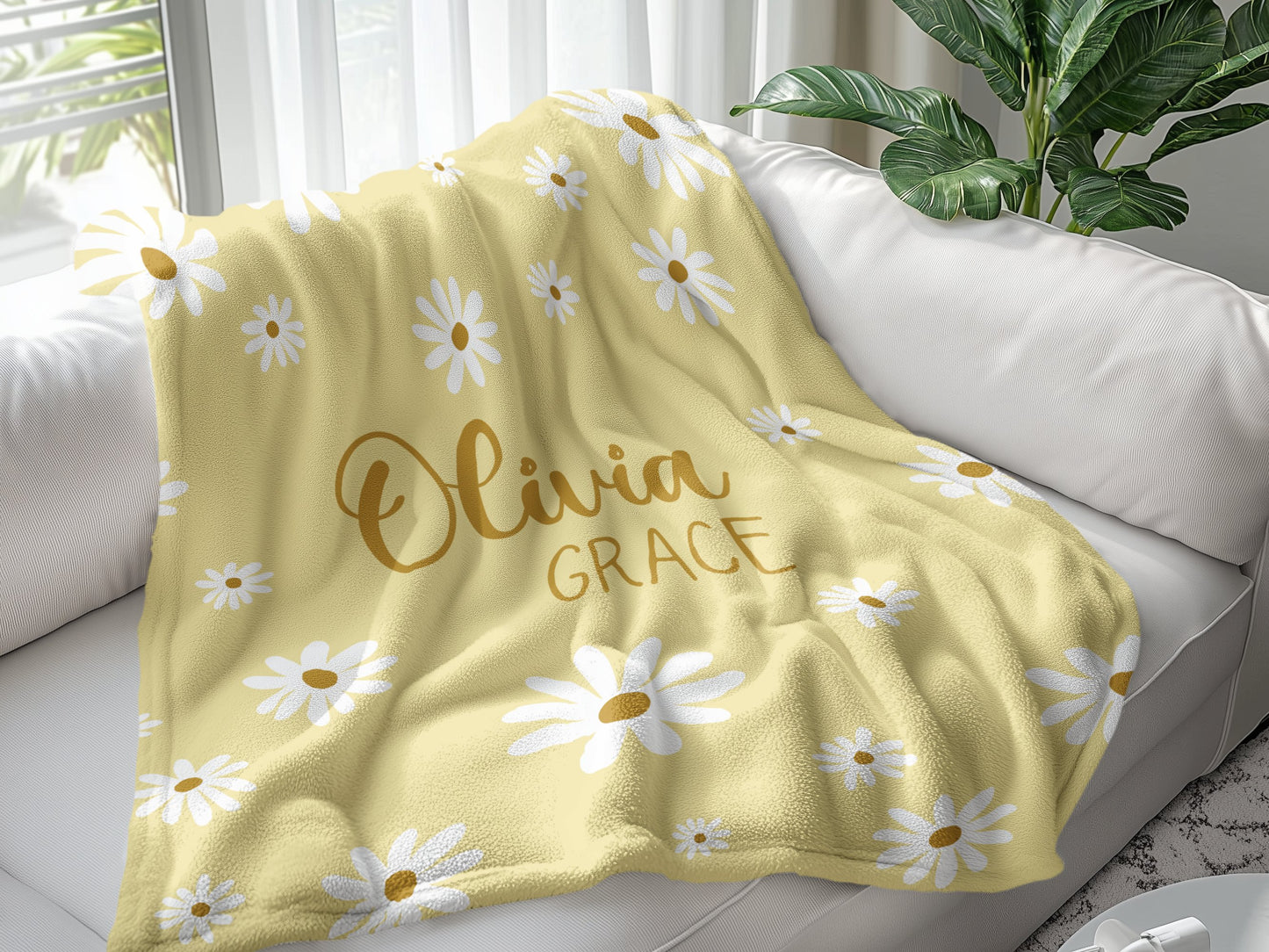 Personalised Cream Yellow Daisy Blanket