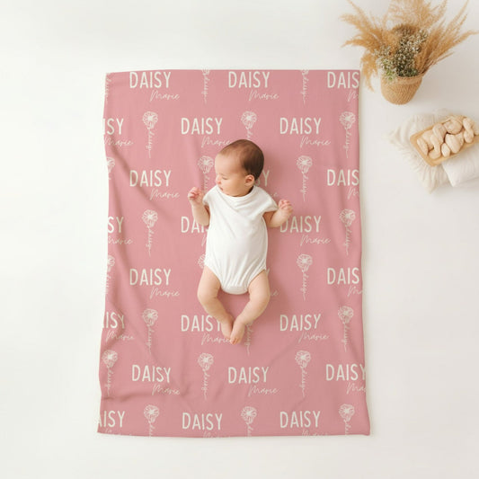 personalised April Birth Flower Baby Blanket | Pink Daisy