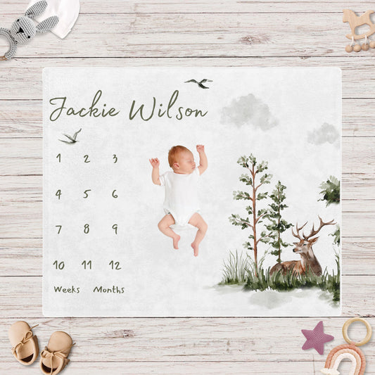 Personalised Forest Deer Baby Milestone Blanket