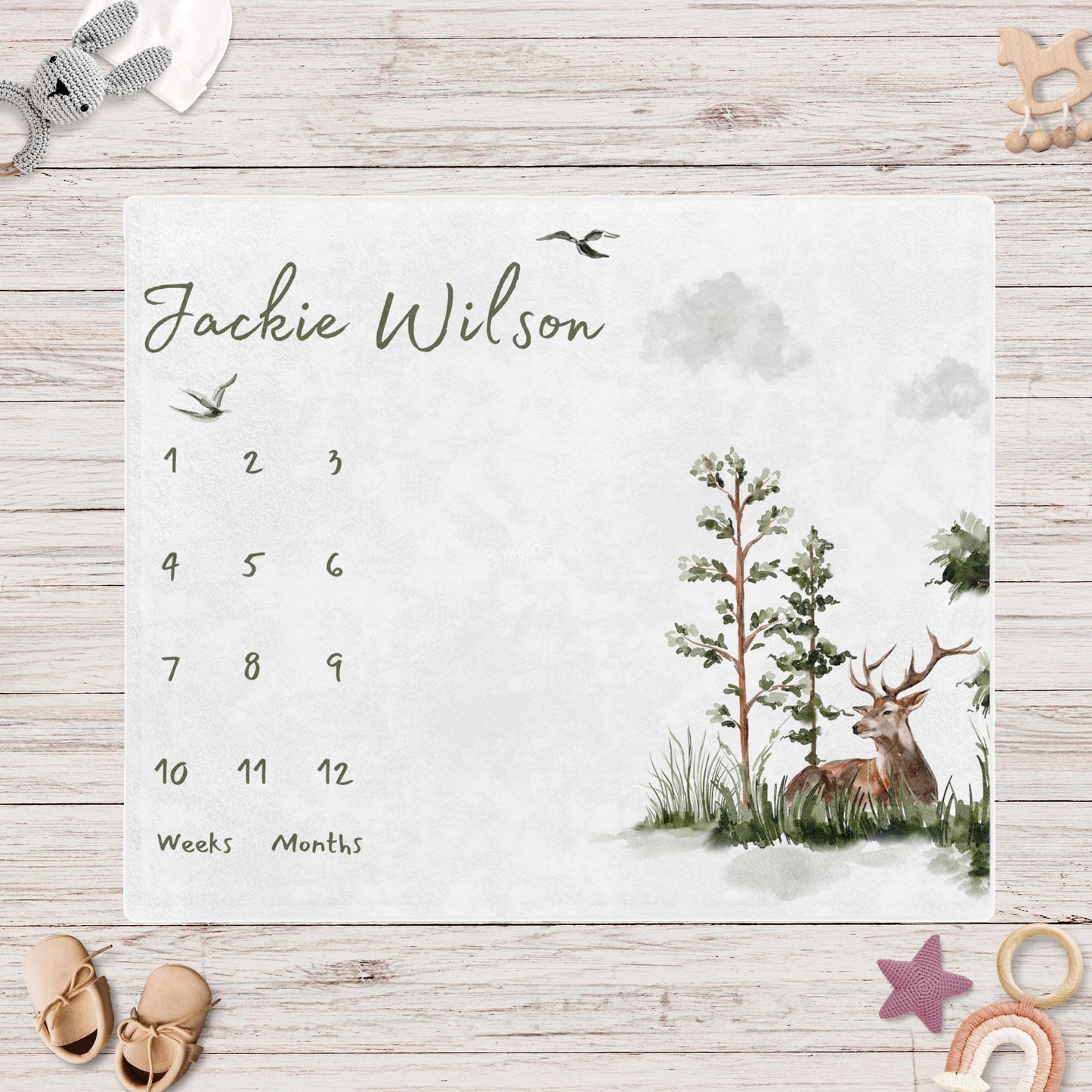 Personalised Forest Deer Baby Milestone Blanket