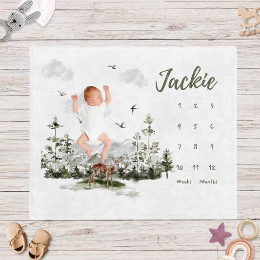 Watercolor Woodland Deer Baby Milestone Blanket