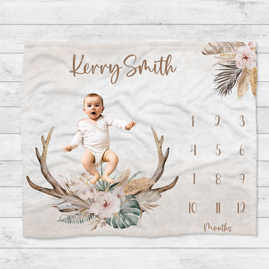 Personalised Floral Deer Antler Baby Girl Milestone Blanket