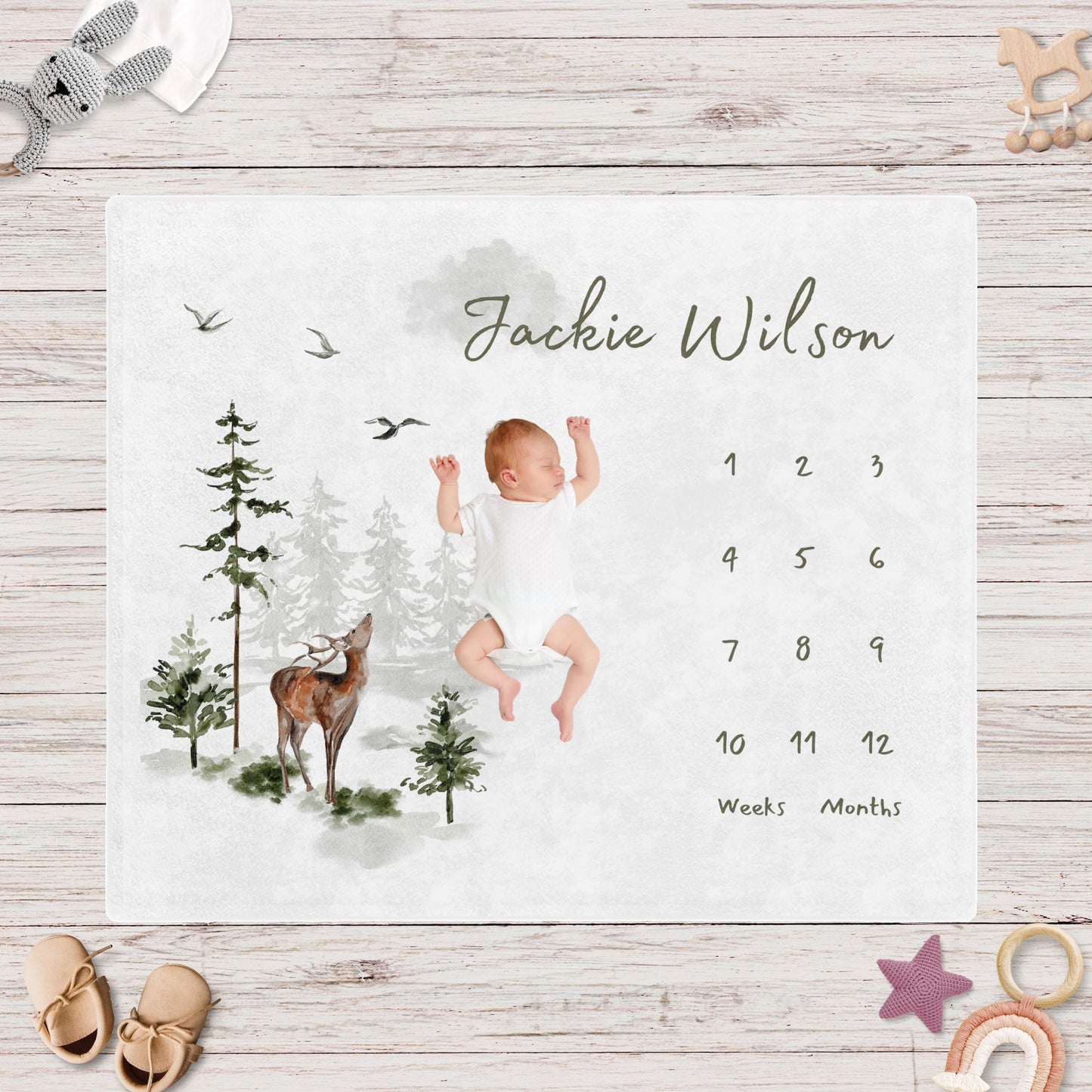 Personalised Forest Woodland Deer Baby Milestone Blanket