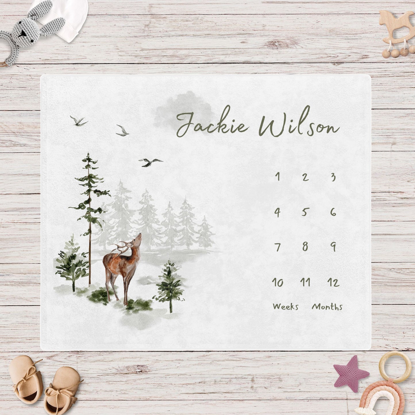 Personalised Forest Woodland Deer Baby Milestone Blanket