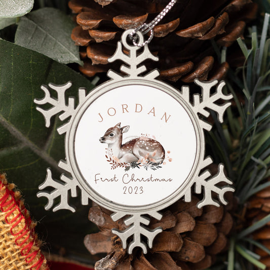 Personalized Pewter Snowflake Ornament | Woodland Deer