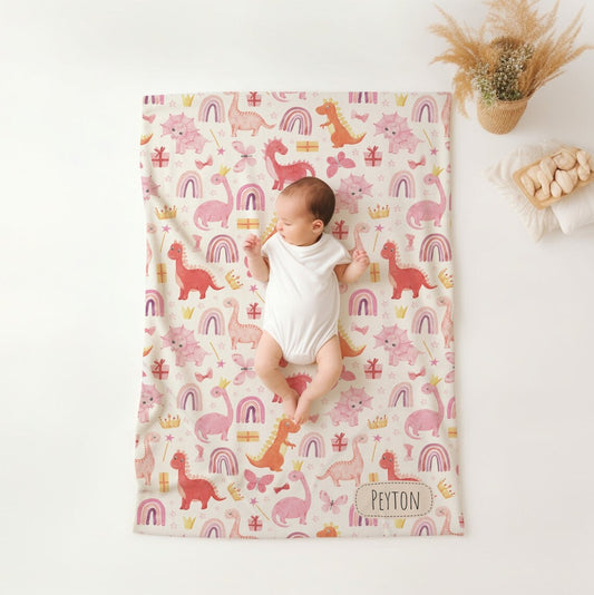 Personalised Pink Dinosaur Baby Blanket