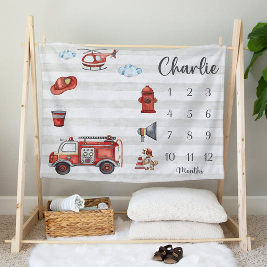 Personalised Firetruck Baby Milestone Blanket