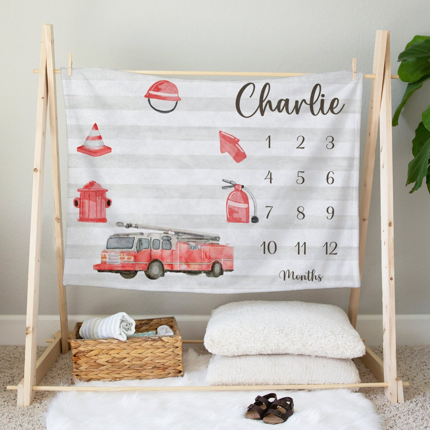 Personalised Firetruck Baby Milestone Blanket