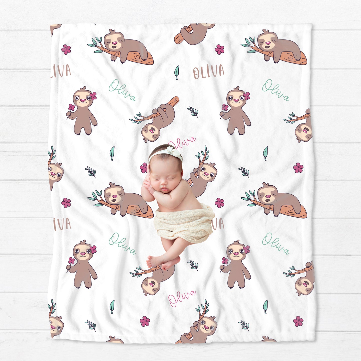 Personalised Cute Sloth Floral Blanket